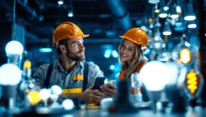 A photograph of a lighting contractor examining a variety of led lamps in a well-lit showroom