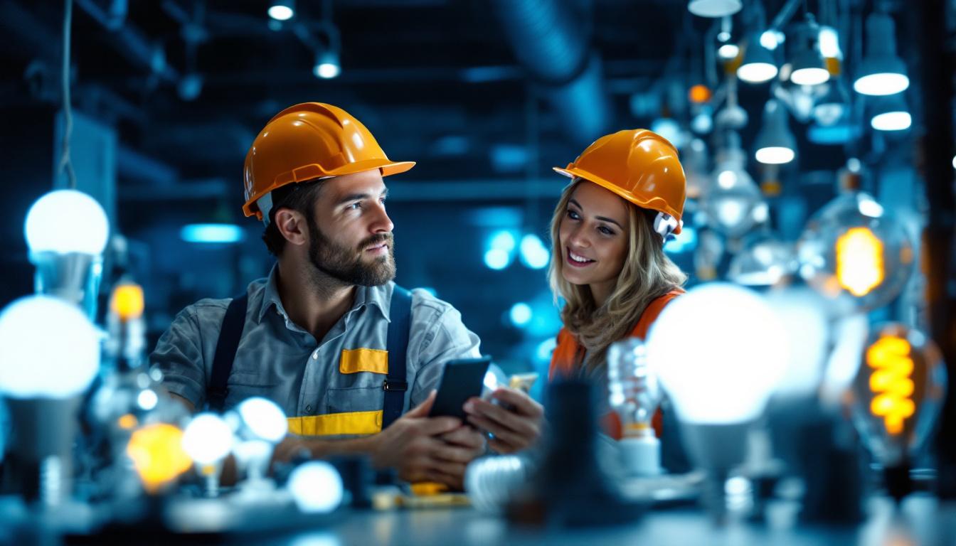 A photograph of a lighting contractor examining a variety of led lamps in a well-lit showroom
