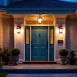 A photograph of a beautifully illuminated outdoor front door featuring stylish light fixtures that enhance the home's curb appeal