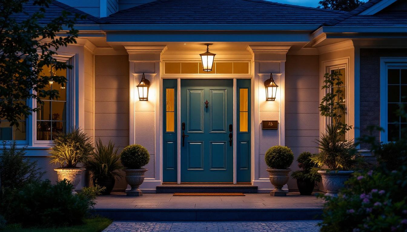 A photograph of a beautifully illuminated outdoor front door featuring stylish light fixtures that enhance the home's curb appeal