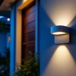 A photograph of a beautifully designed led address light illuminating a stylish home entrance at dusk