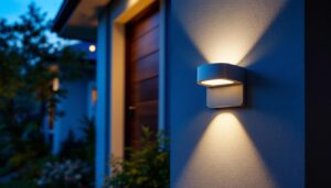 A photograph of a beautifully designed led address light illuminating a stylish home entrance at dusk