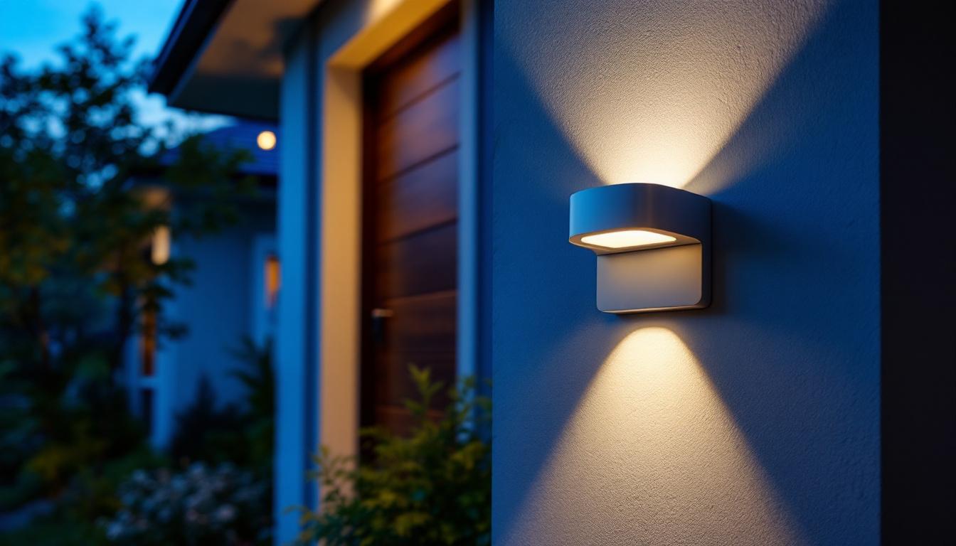 A photograph of a beautifully designed led address light illuminating a stylish home entrance at dusk