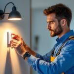 A photograph of a lighting contractor expertly installing a modern dc light switch in a stylish residential setting