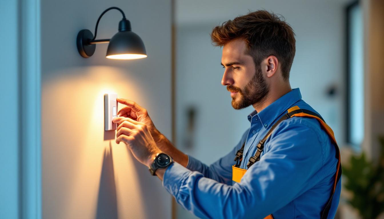 A photograph of a lighting contractor expertly installing a modern dc light switch in a stylish residential setting
