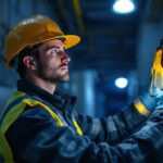 A photograph of a lighting contractor installing or testing a rechargeable emergency light in a dimly lit environment