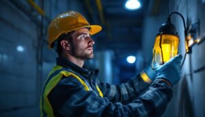 A photograph of a lighting contractor installing or testing a rechargeable emergency light in a dimly lit environment