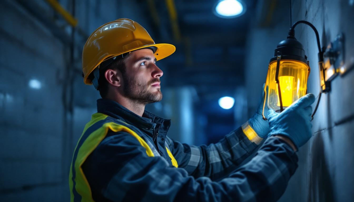 A photograph of a lighting contractor installing or testing a rechargeable emergency light in a dimly lit environment