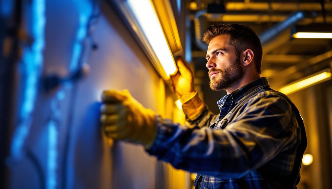 A photograph of a lighting contractor skillfully installing tube led lights in a modern space