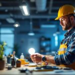A photograph of a lighting contractor installing t12 led bulbs in a modern workspace