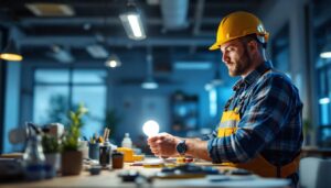 A photograph of a lighting contractor installing t12 led bulbs in a modern workspace