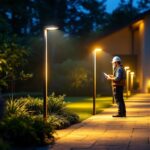 A photograph of a well-lit outdoor space featuring a row of sleek led pole lights illuminating a pathway or garden