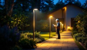 A photograph of a well-lit outdoor space featuring a row of sleek led pole lights illuminating a pathway or garden