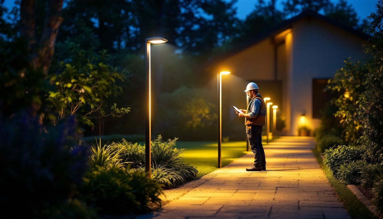 A photograph of a well-lit outdoor space featuring a row of sleek led pole lights illuminating a pathway or garden
