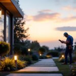 A photograph of a solar exterior light installed in a beautifully landscaped outdoor setting