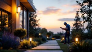 A photograph of a solar exterior light installed in a beautifully landscaped outdoor setting