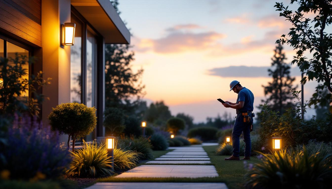 A photograph of a solar exterior light installed in a beautifully landscaped outdoor setting