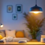 A photograph of a modern overhead lamp illuminating a cozy living space