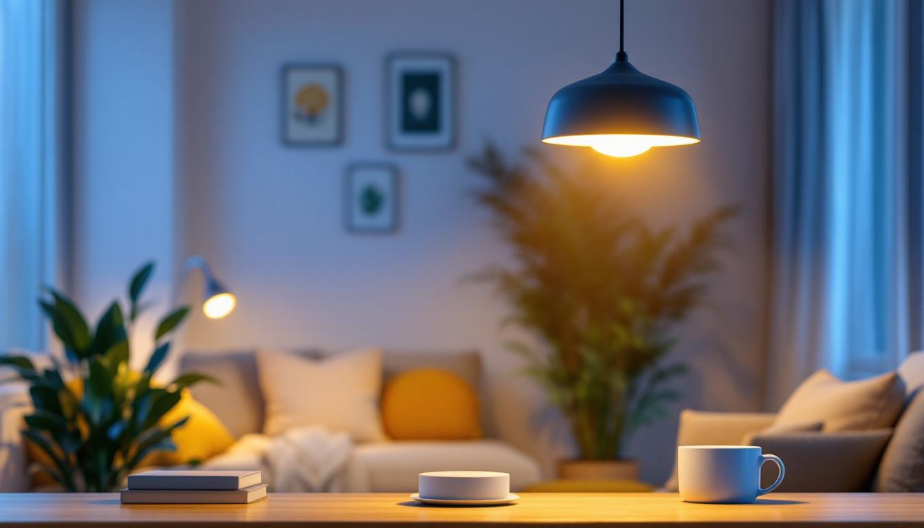 A photograph of a modern overhead lamp illuminating a cozy living space