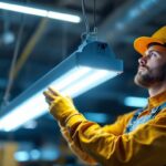 A photograph of a lighting contractor installing a 4ft led vapor tight fixture in a commercial setting