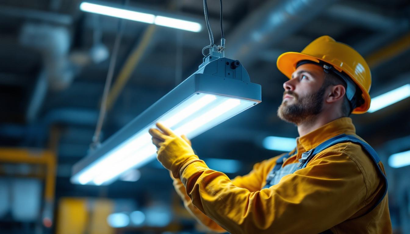 A photograph of a lighting contractor installing a 4ft led vapor tight fixture in a commercial setting