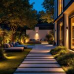 A photograph of a well-lit outdoor space featuring stylish exterior recessed downlights installed in various settings