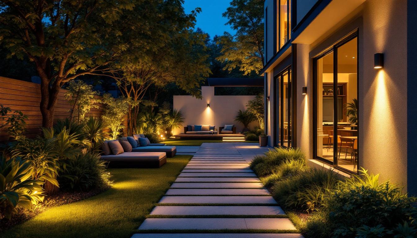 A photograph of a well-lit outdoor space featuring stylish exterior recessed downlights installed in various settings