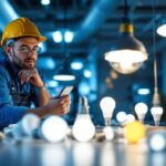 A photograph of a lighting contractor installing or showcasing a variety of keystone led lamps in a well-lit space