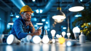 A photograph of a lighting contractor installing or showcasing a variety of keystone led lamps in a well-lit space
