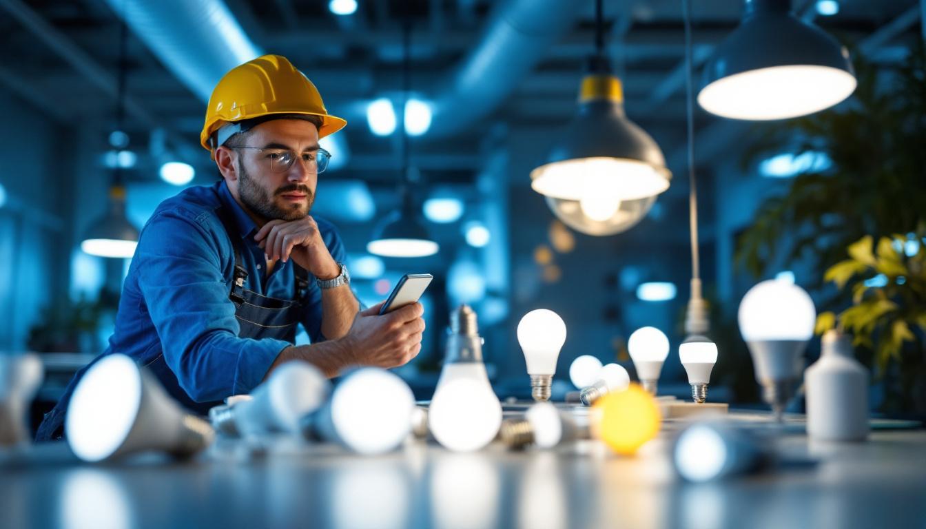 A photograph of a lighting contractor installing or showcasing a variety of keystone led lamps in a well-lit space