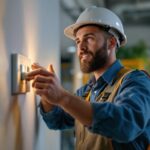 A photograph of a lighting contractor demonstrating the use of a three-toggle switch in a well-lit workspace