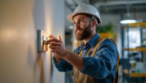 A photograph of a lighting contractor demonstrating the use of a three-toggle switch in a well-lit workspace