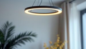 A photograph of a beautifully designed circle pendant light hanging in a modern interior setting