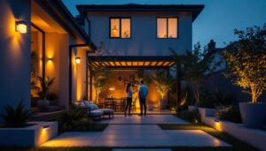 A photograph of a beautifully designed outdoor space illuminated by security lighting with motion sensors