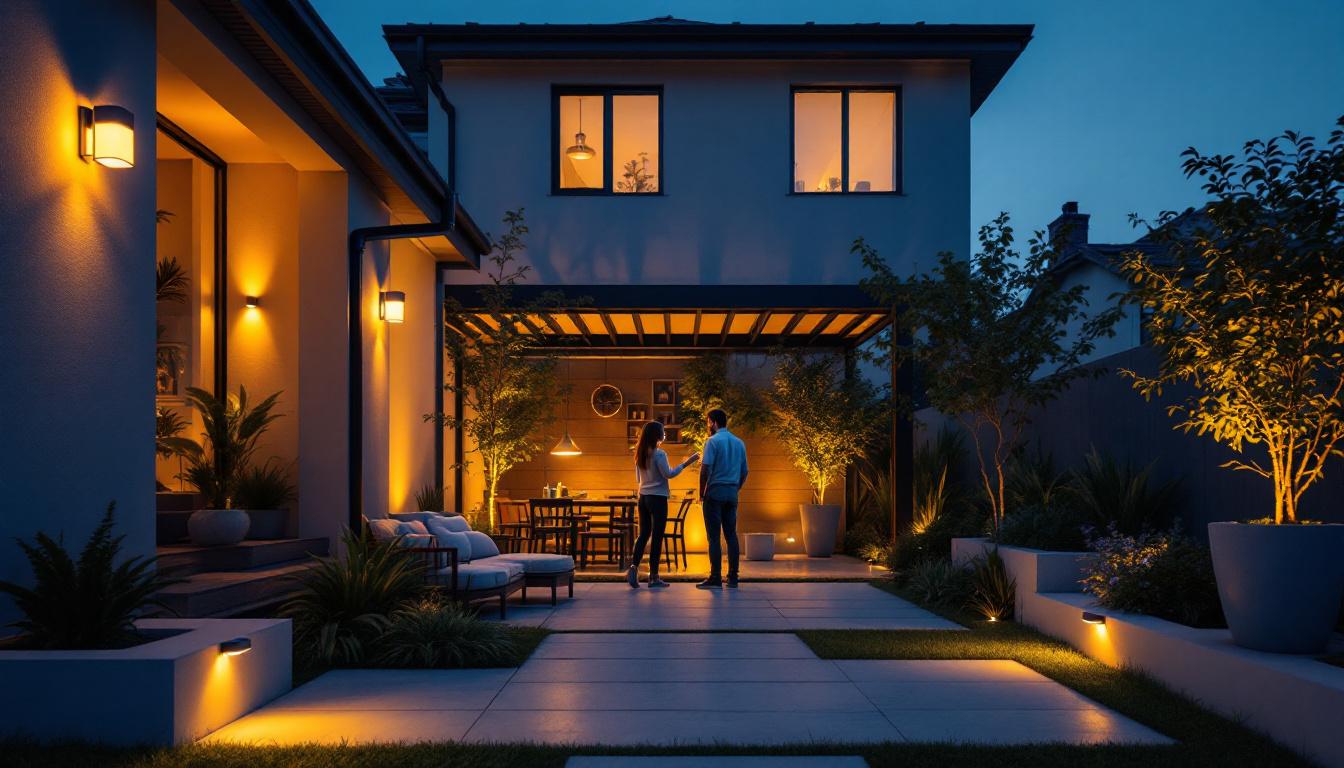 A photograph of a beautifully designed outdoor space illuminated by security lighting with motion sensors