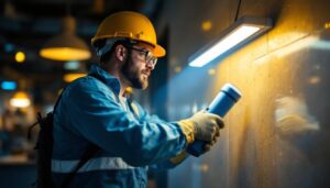 A photograph of a lighting contractor installing or demonstrating an ultraviolet cleaning light in a commercial setting