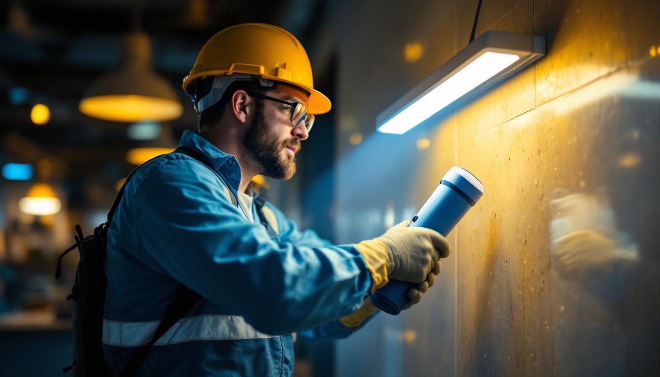 A photograph of a lighting contractor installing or demonstrating an ultraviolet cleaning light in a commercial setting