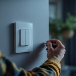 A photograph of a lighting contractor expertly installing a modern toggle light switch in a stylish residential setting