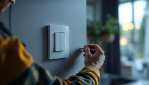 A photograph of a lighting contractor expertly installing a modern toggle light switch in a stylish residential setting