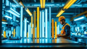A photograph of a well-organized display of various types of fluorescent tubes