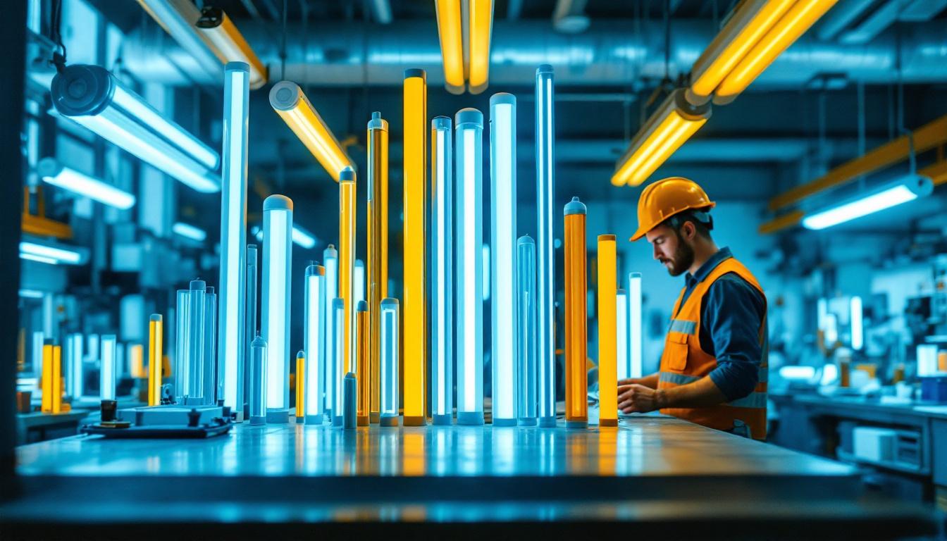 A photograph of a well-organized display of various types of fluorescent tubes