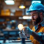 A photograph of a lighting contractor examining a 7-watt type b bulb in a well-lit workspace