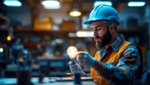 A photograph of a lighting contractor examining a 7-watt type b bulb in a well-lit workspace