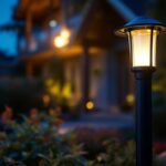 A photograph of a beautifully illuminated outdoor post light installed in a landscaped setting