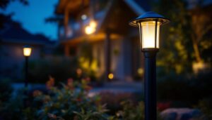 A photograph of a beautifully illuminated outdoor post light installed in a landscaped setting