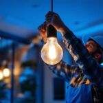 A photograph of a skilled lighting contractor in action