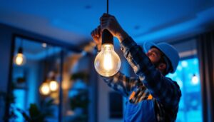 A photograph of a skilled lighting contractor in action