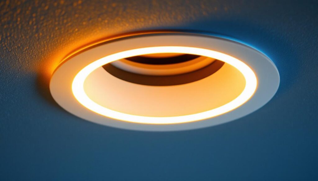 A photograph of a close-up of a 6-inch recessed light trim ring installed in a modern ceiling