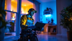 A photograph of a lighting contractor installing a uv light system in a residential or commercial setting