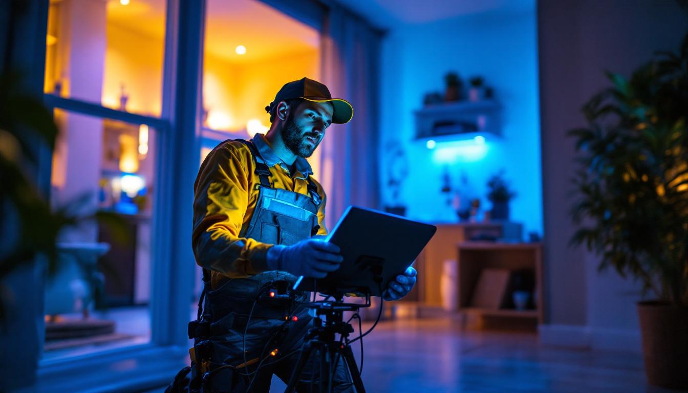 A photograph of a lighting contractor installing a uv light system in a residential or commercial setting